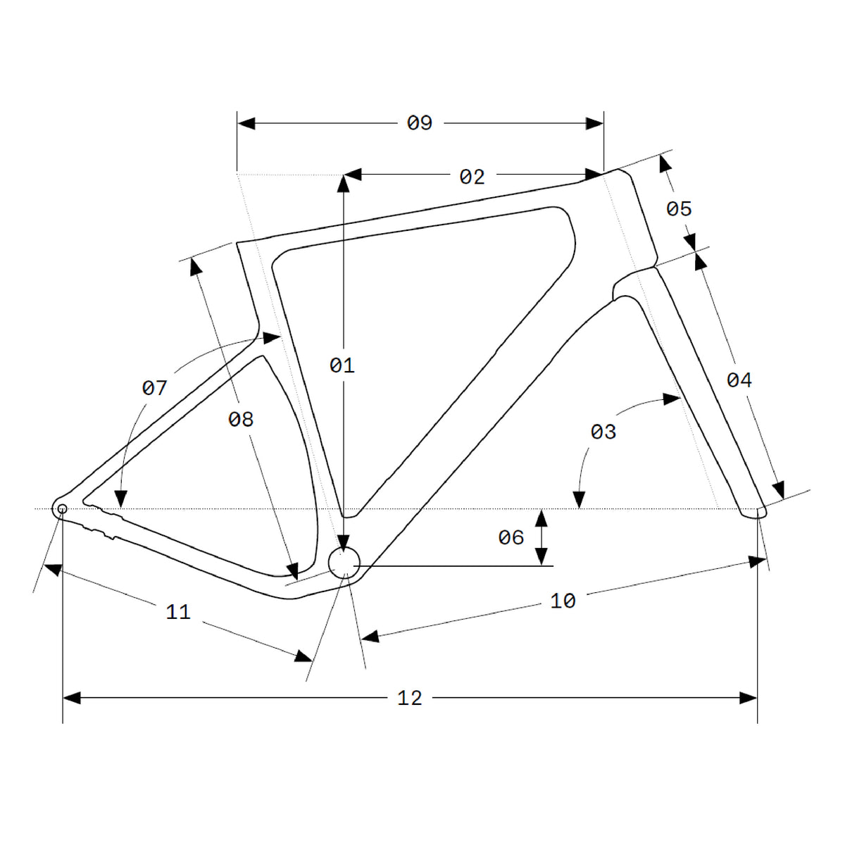 Technical drawing of a bicycle frame with labeled dimensions on a white background